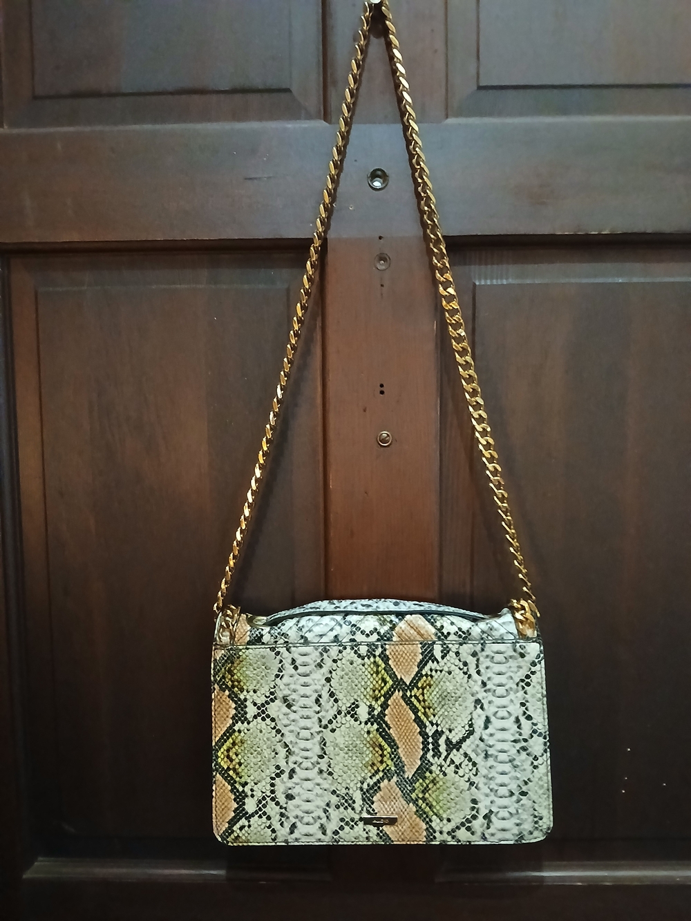 Aldo Snake skin Embossed Chain Shoulder Bag in Green and Tan